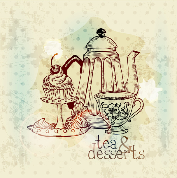 Tea and Desserts - Vintage Menu Card in vector - Vetor, Imagem