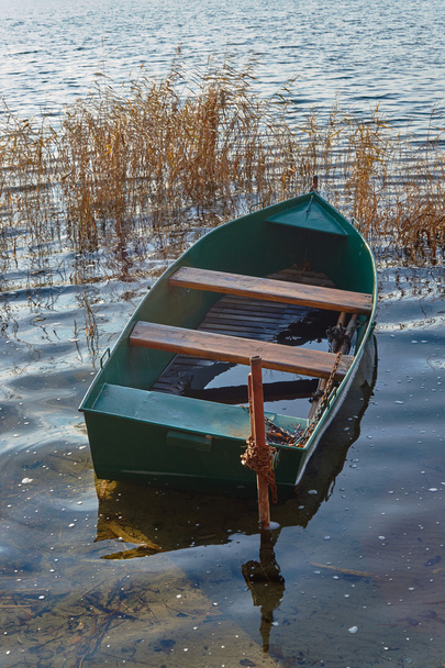 Bateau inondé dans les roseaux au bord du lac
 - Photo, image
