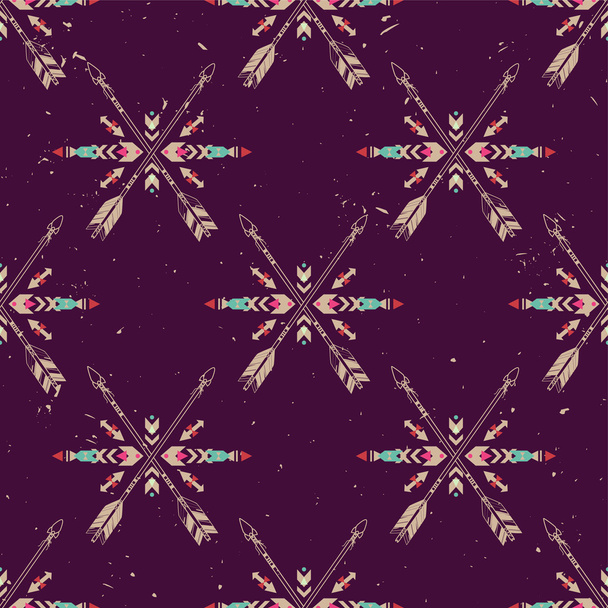 Vector grunge seamless pattern with crossed ethnic arrows and tribal ornament. Boho and hippie style. American indian motifs. - ベクター画像
