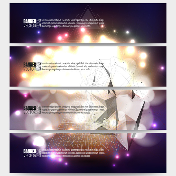 Conjunto de banners vetoriais modernos. Abstrato fundo multicolorido com luzes bokeh e estrelas. Pirâmide vetorial 3D, design digital científico, ilustração científica
 - Vetor, Imagem