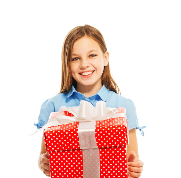smiling girl with big present - 写真・画像