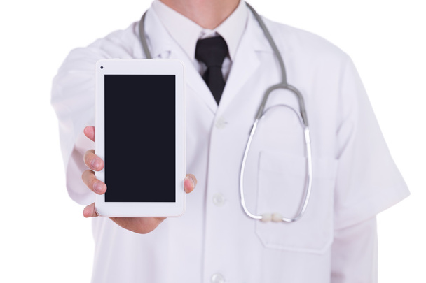 close-up doctor showing tablet computer blank screen - Фото, изображение