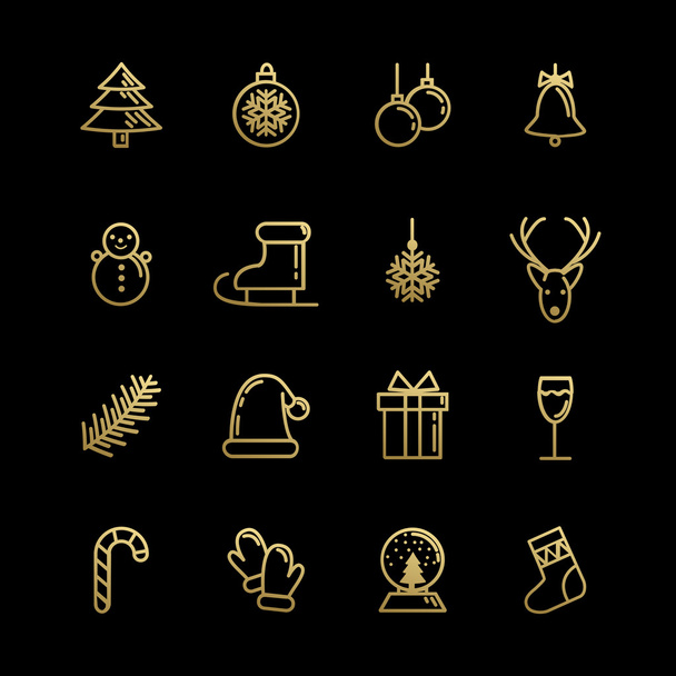Conjunto de iconos festivos lineales dorados. Feliz Año Nuevo y Navidad
.  - Vector, Imagen