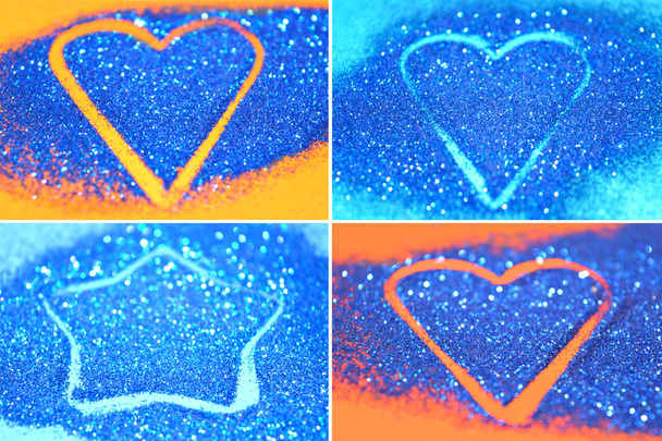Set aus vier verschwommenen Urlaubshintergründen mit Herzen und blauem Glitzerstern auf verschiedenen Oberflächen - Foto, Bild