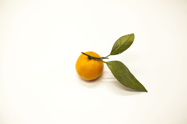 Fresh juicy tasty Sicilian tangerine with a foliage branch on a white background. - Fotoğraf, Görsel