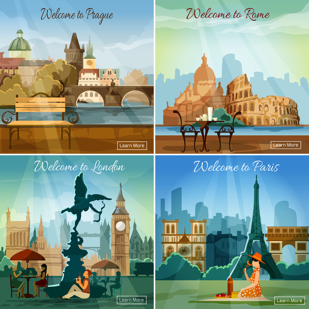 Ciudades turísticas 4 iconos planos composición
 - Vector, Imagen