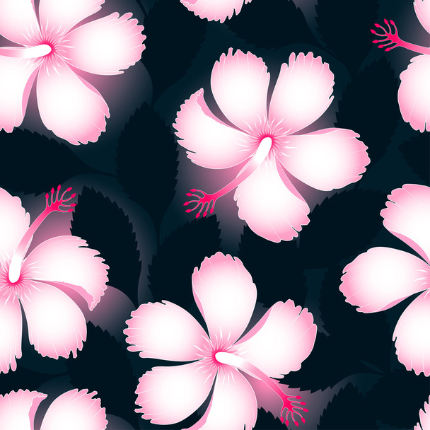 Vaaleanpunaiset ja valkoiset trooppiset kukat tummilla lehdillä saumaton kuvio
 - Vektori, kuva