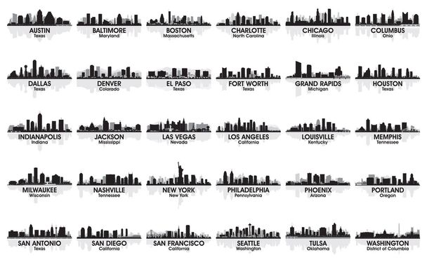 unglaubliche Kulisse der US-Stadtsilhouette. 30 Städte. - Vektor, Bild