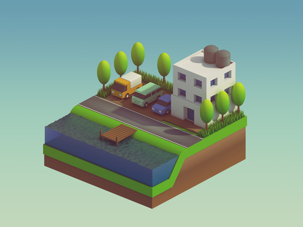  isometric city buildings, landscape, Road and river - Photo, Image