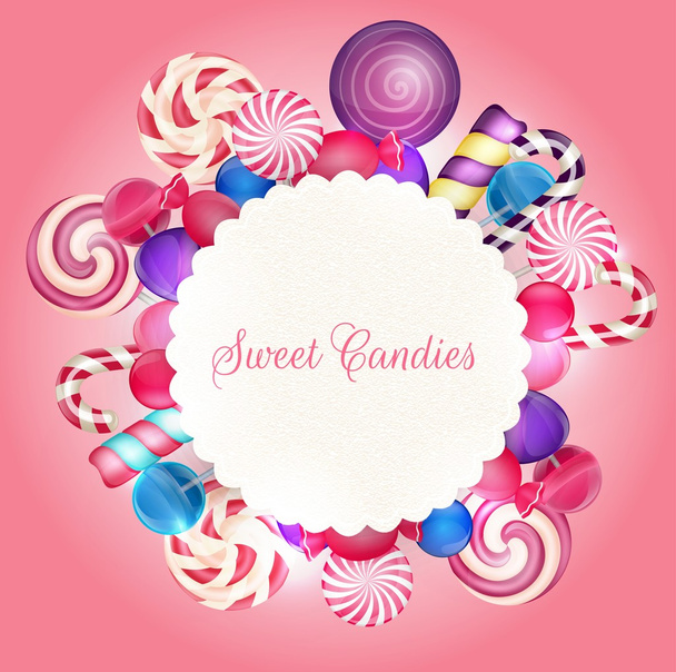 Sweets background with lollipop, candies and ice cream - Vecteur, image