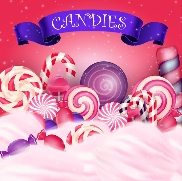 Colorful candy background with realistic blue ribbon - Vector, Image