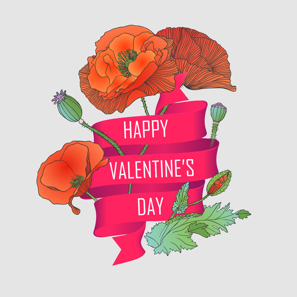 Cartão com flores de papoula e uma fita que diz: Feliz Dia dos Namorados
 - Vetor, Imagem