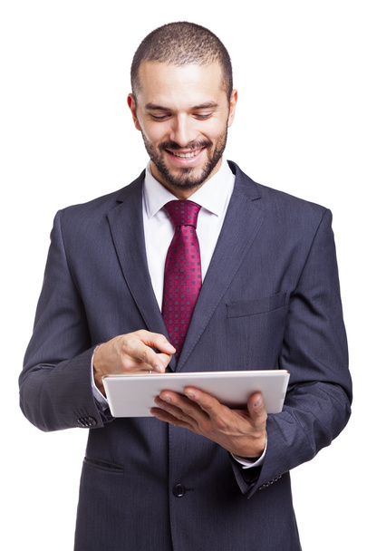 Gelukkig lachend zakenman met digitale tablet - Foto, afbeelding