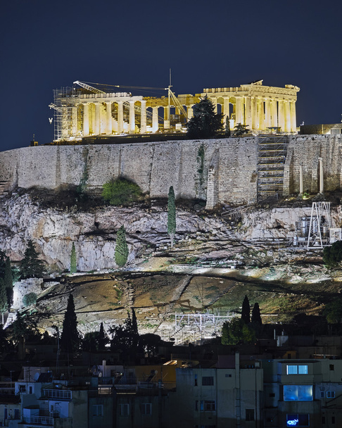 アテネ, ギリシャ、アクロポリスのパルテノン神殿の夜景 - 写真・画像
