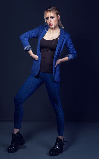 Full-length portrait young stylish woman in blue jacket, jeans a - Fotó, kép