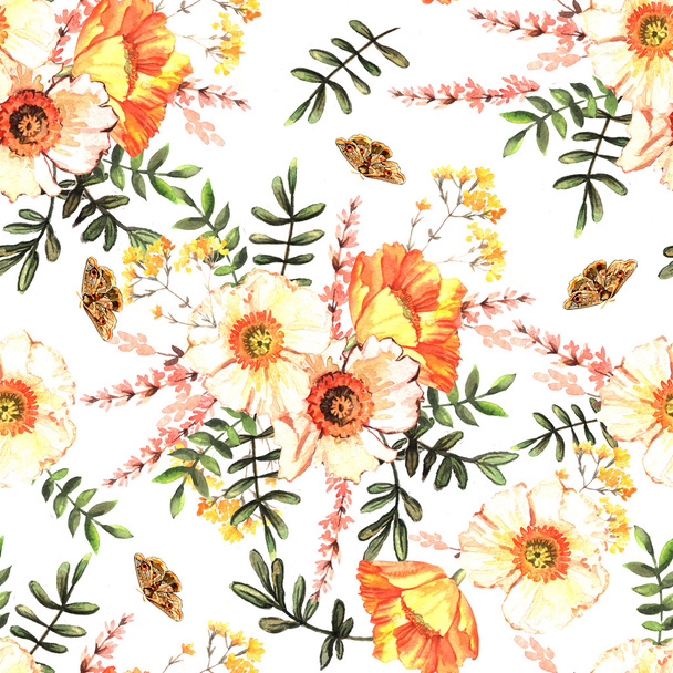 Watercolor pattern with delicate flowers - Fotoğraf, Görsel