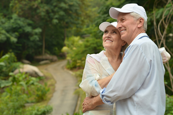 bejaarde echtpaar in tropische tuin - Foto, afbeelding