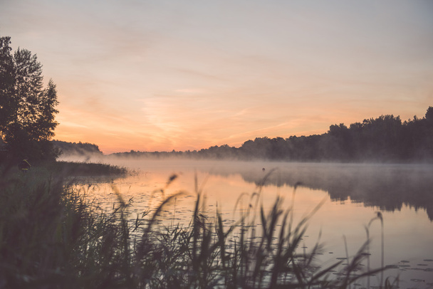 nebliger Morgen auf dem Landsee - Vintage-Effekt - Foto, Bild