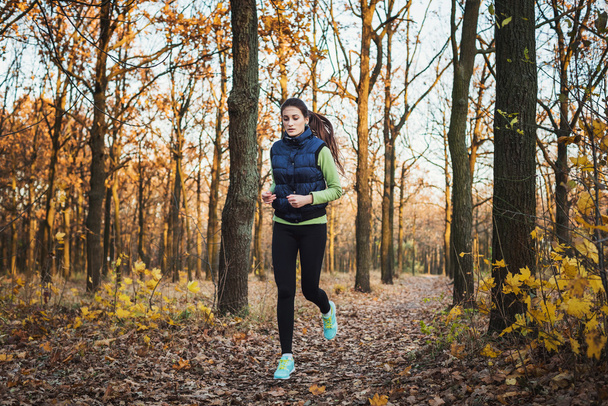 female running in park. Young woman jogging in autumn forest - Фото, изображение