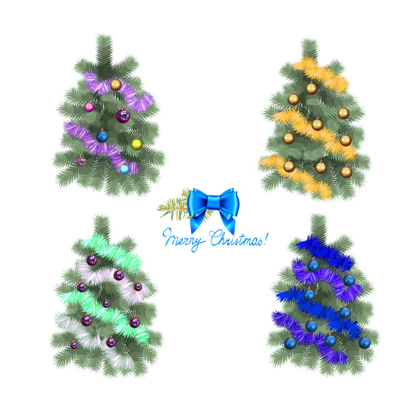 Weihnachtsbaum dekoriert mit glitzernden, glänzend farbigen Spielzeugkugeln, Schleife, Grußkartenvorlage für Vektor izolirovannny auf weißem Hintergrund, eine Reihe von Symbolen - Vektor, Bild