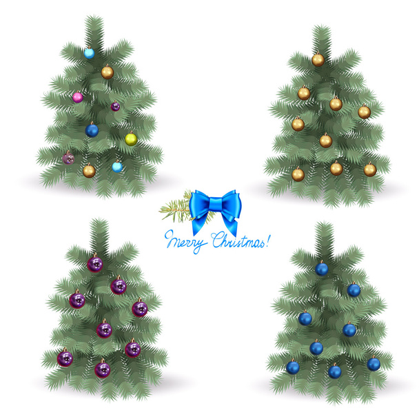 Weihnachtsbaum dekoriert mit glitzernden, glänzend farbigen Spielzeugkugeln, Schleife, Grußkartenvorlage für Vektor izolirovannny auf weißem Hintergrund, eine Reihe von Symbolen - Vektor, Bild