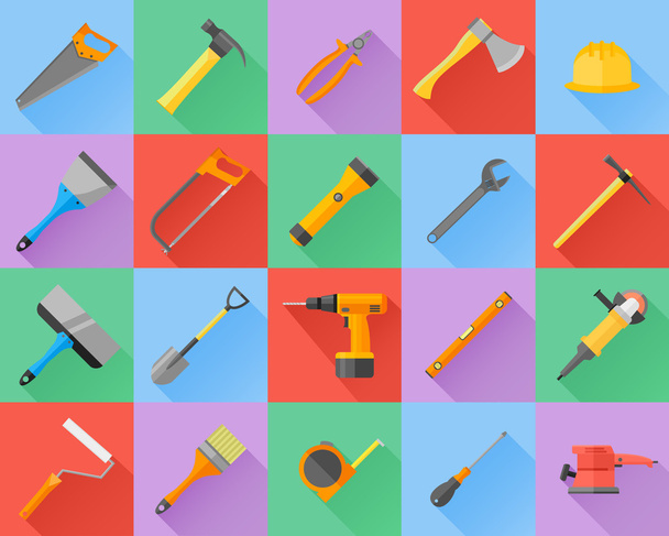 Set of construction tools flat icons with long shadow. Vector illustration. - Vector, Image