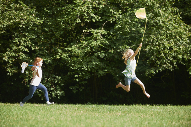 Two Girls Chasing Butterflies In Summer Field - Foto, afbeelding