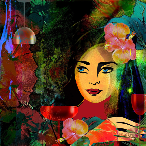 στυλιζαρισμένη γυναίκα πρόσωπο σε έγχρωμο φόντο τροπικό, μενού κρασιών - Φωτογραφία, εικόνα