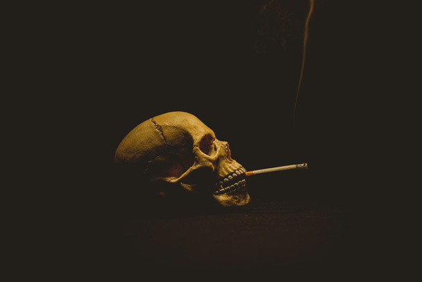 Human skull smoking a cigarette - Φωτογραφία, εικόνα