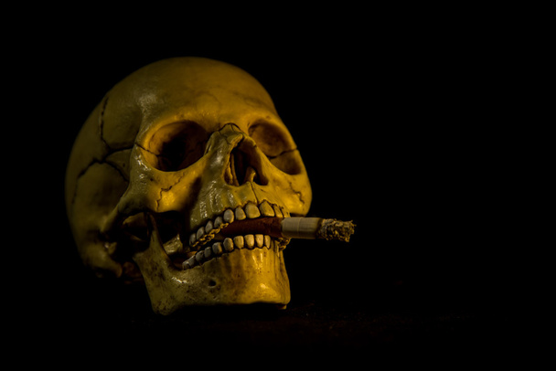 Human skull smoking a cigarette - Foto, Imagen