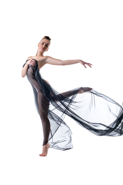 Nude graceful dancer posing with flying fabric - Foto, immagini