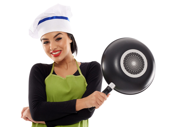 Hispanic lady cook with frying pan - Foto, afbeelding