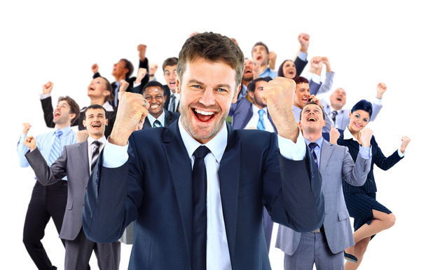 large business team celebrating success with arms raised - 写真・画像