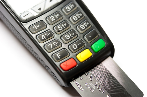 Close-up van Credit card betaling witte achtergrond - Foto, afbeelding