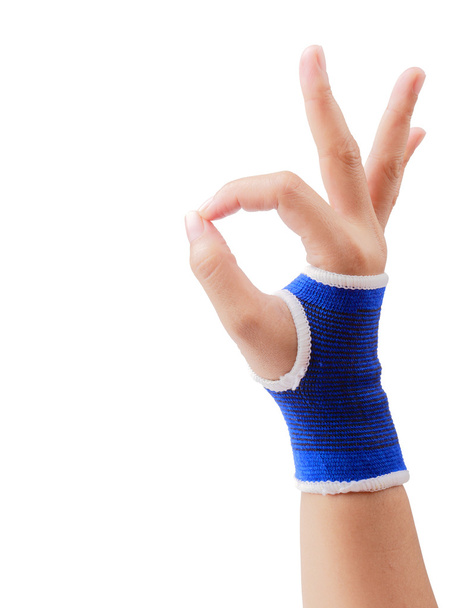 rechte Hand mit blauem Handgelenksstützengestenzeichen ok isoliert cl - Foto, Bild