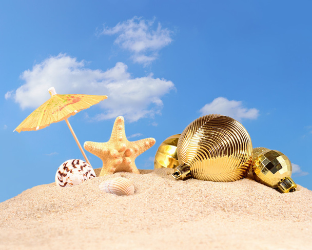 Різдвяні прикраси, черепашки і морські зірки на пляжному піску
 - Фото, зображення