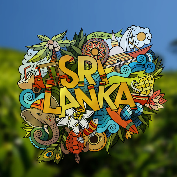 Sri Lanka lettering mão e doodles elementos emblema
 - Vetor, Imagem