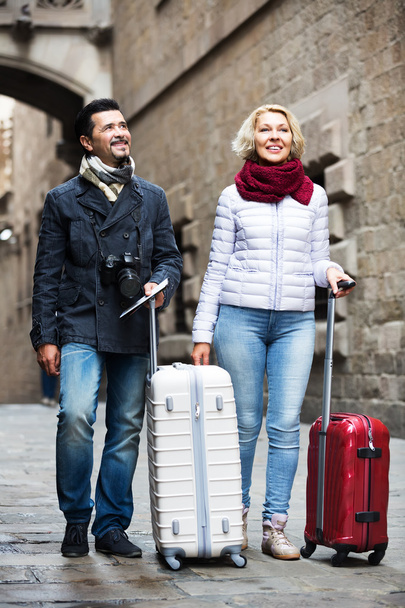 Mature couple walking with luggage - Fotoğraf, Görsel