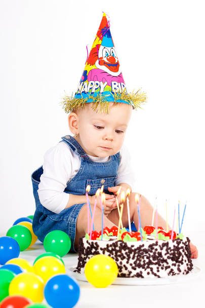 baby girl with hat and cake - Foto, Imagem