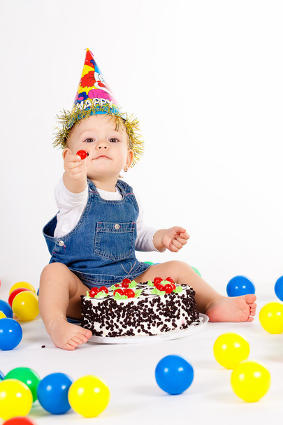 baby girl with hat and cake - Foto, Imagen