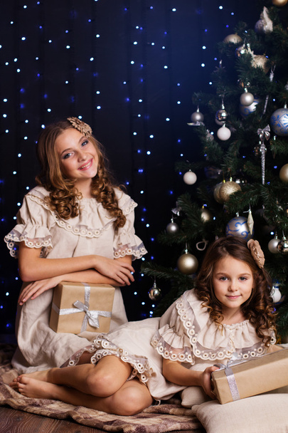 Two female friends with gifts near christmas tree - Foto, Imagen