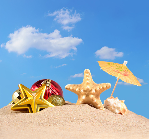 Decoraciones navideñas, conchas marinas y estrellas de mar en una playa de arena
 - Foto, imagen