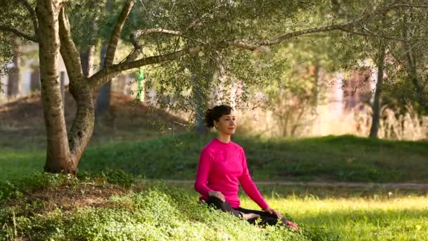 Genç bir kadın parkta meditasyon yapıyor. - Video, Çekim