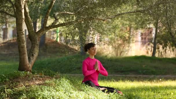 Kaukázusi nő meditál, egy zöld park - Felvétel, videó