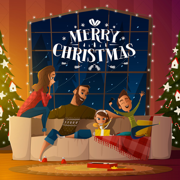Merry Christmas card met familie - Vector, afbeelding
