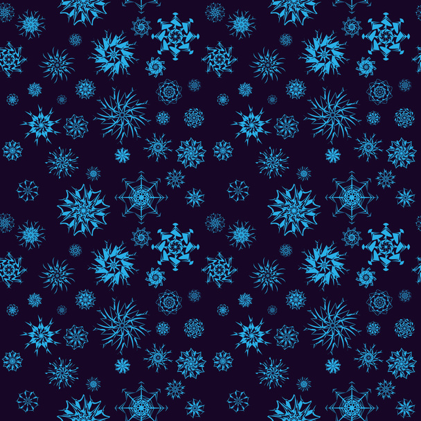 Elegant neon blue snowflakes of various styles isolated on dark background - ベクター画像