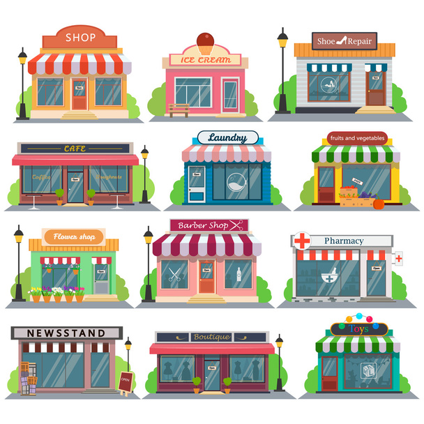 Set of vector flat design restaurants and shops,stores facade icons.Includes shop,newspaper,coffee shop,ice cream shop,flower shop,vegetable,fruit store,Laundry,barber, shoe repair, pharmacy, boutique, toy store. - Vector, Image