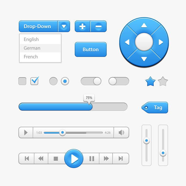 Blue Light User Interface Controls. Web Elements. Website, Software UI: Buttons, Switchers, Drop-down, Navigation Bar, Menu, Check Box, Radio, Scroller, Progress Bar, Volume, Tag, Player, Play - Vektor, obrázek