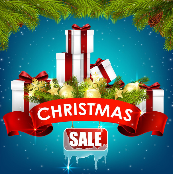 Χριστούγεννα πώληση φόντο με κουτιά δώρων, χρυσές μπάλες, πεύκο και ρεαλιστική κορδέλα - Διάνυσμα, εικόνα