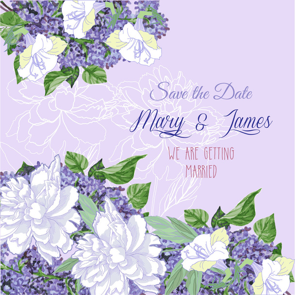 Background with white  peonies and lilac - Vector, Image